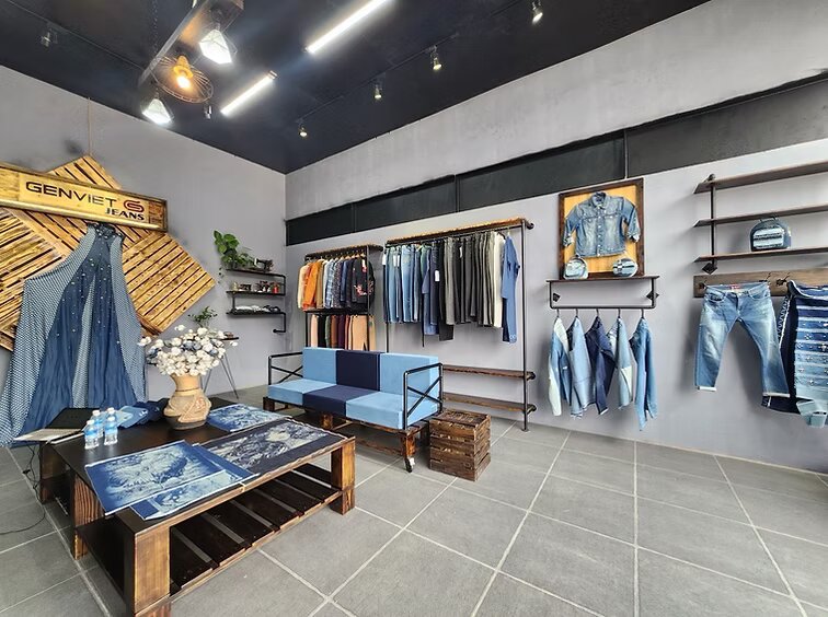 Showroom Genviet Jeans với phong cách industrial — kệ jeans denim đa dạng